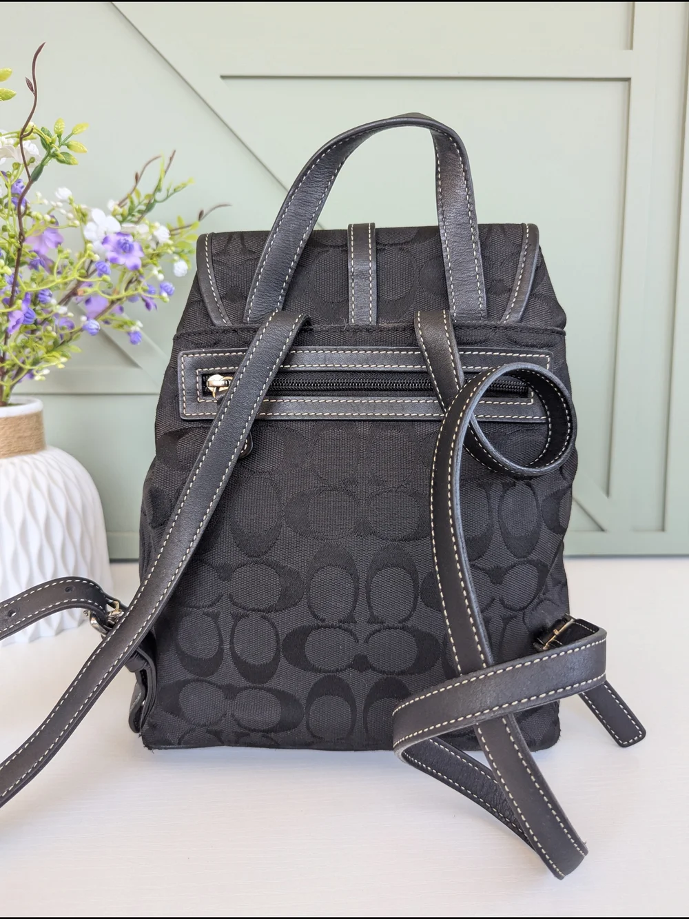Coach Black Signature Canvas Mini Backpack with Leather Trim
